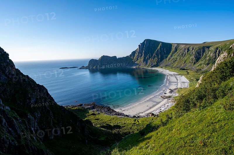 View of coastal landscape, cliffs with peak Måtind, Høyvika beach and sea, hike to the peak of Måtind, Andøya island, Vesterålen, Nordland Norway