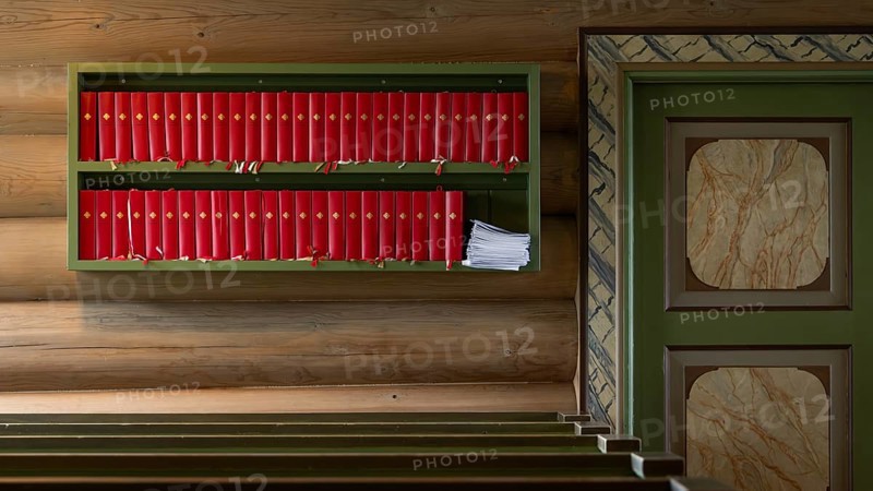 Rule with red hymn books, wooden church, Kvam, Gudbrandsdalen, Norway, Europe