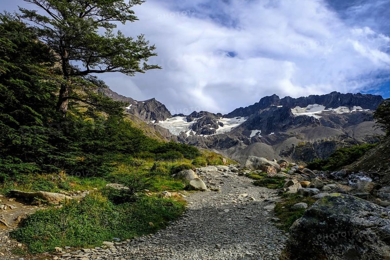 Ushuaia, Tierra del Fuego, Argentina, hiking trail to the Martial glacier on Cerro Martial, Ushuaia's local mountain. Ushuaia is the southernmost city in the world, the end of the world, South America