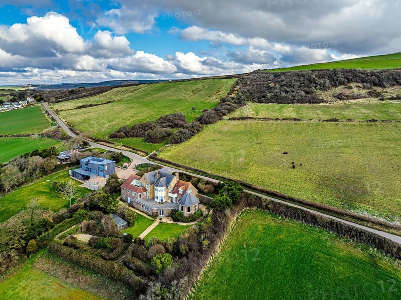 Farms over Swyre and West Bexington from a drone, West Bexington Nature Reserve, S W Coast Path, Dorchester, Dorset, England, United Kingdom, Europe