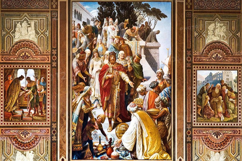 Left, Henry the Tall hands the imperial insignia to Frederick II in 1219, Centre, Court of Frederick II in Palermo, Right, An old man tells the youth about the great times of the imperial palace, Mural in the Kaisersaal Goslar by Hermann Wislicenus, Lower Saxony, Germany, Europe