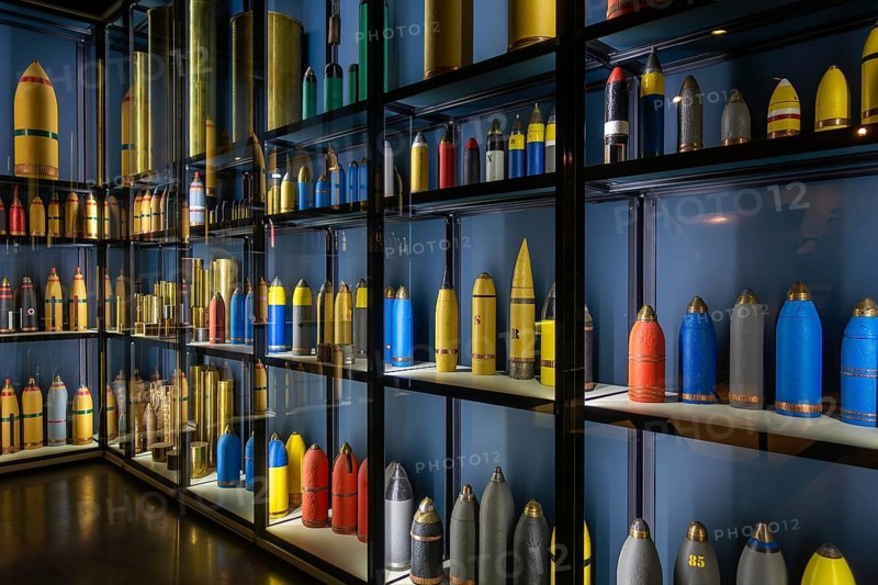 British and German WW1 colour coded artillery shells at WWI Passchendaele Museum about the Third Battle of Ypres, Zonnebeke, West Flanders, Belgium, Europe