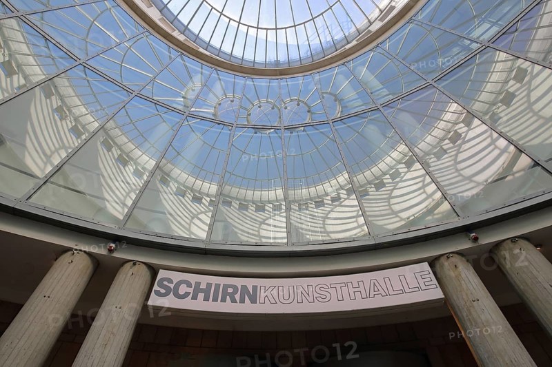 Kunsthalle Schirn with round glass dome, glass window, glass building, inscription, modern building, interior view, reflection, museum, Schirn, Old Town, Frankfurt am Main, Hesse, Germany, Europe