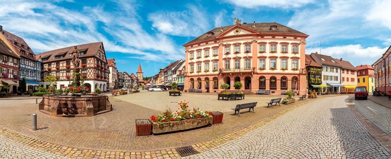 Panoramic view of the Obertorturm tower in the old town of Gengenbach in the Black Forest, Germany, Europe