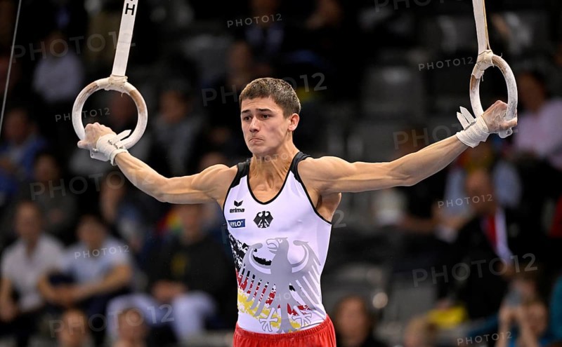 Timo Eder GER rings action gymnastics, EnBW DTB-Pokal, Porsche-Arena, Stuttgart, Baden-Württemberg, Germany, Europe
