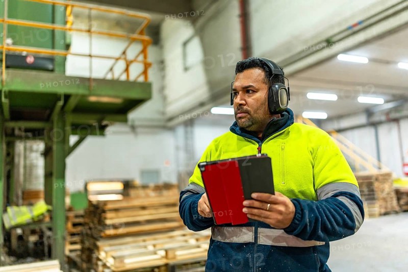 Man caucasian adult worker doing inventory using digital tablet in a recycling plant full of pallets to arrange to reuse