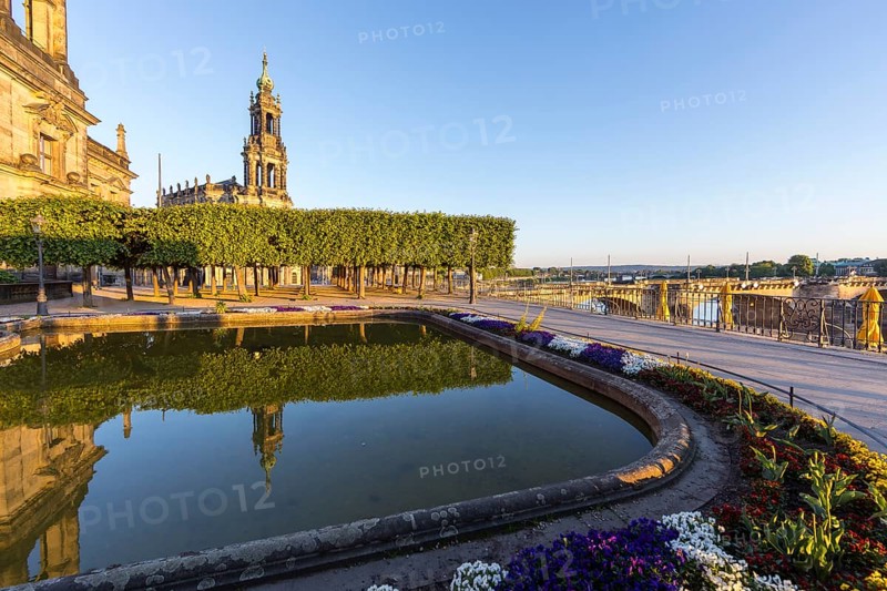 Brühl's Terrace, Court Church reflected in a water basin, Dresden, Saxony, Germany, Europe