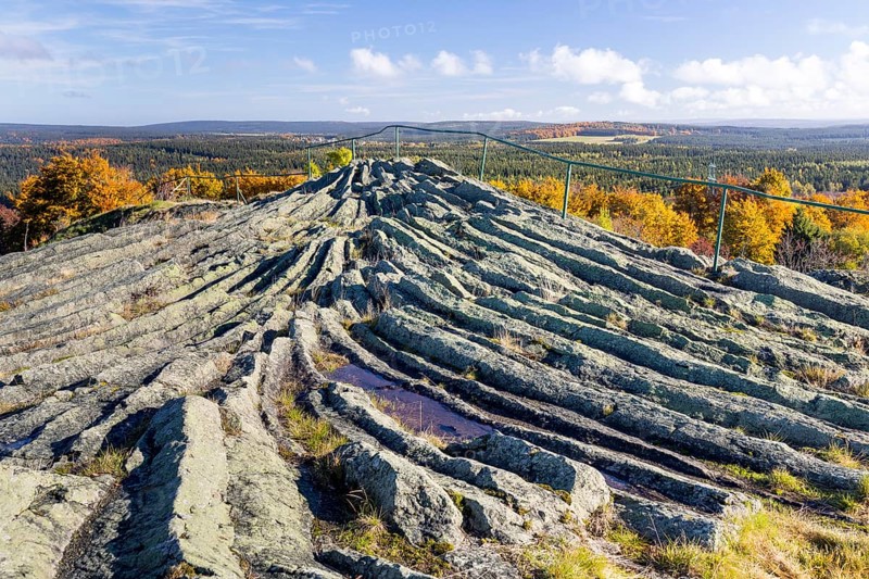Exposed basalt outcrop from volcanic times, Hirtstein, Marienberg, Erzgebirge, Saxony, Germany, Europe