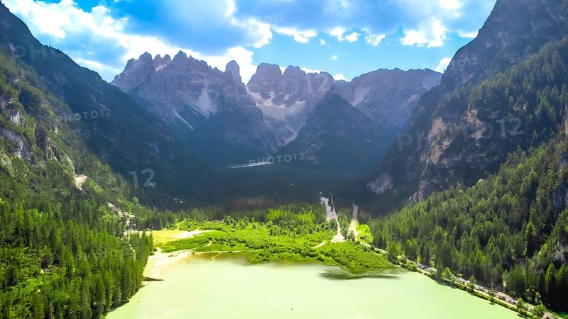 Breathtaking aerial view of lago di landro, or durrensee lake, surrounded by the stunning dolomites in south tyrol, italy