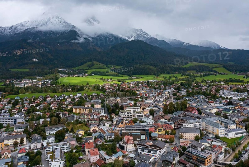 Drone image, residential buildings, town view, Saalfelden am Steinernen Meer, Pinzgau, Salzburg province, Austria, Europe