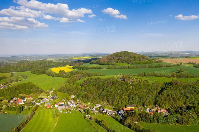 Landscape in the Osterzgebirge with Niederfrauendorf and Luchberg from above, Glashütte, Erzgebirge, Saxony, Germany, Europe