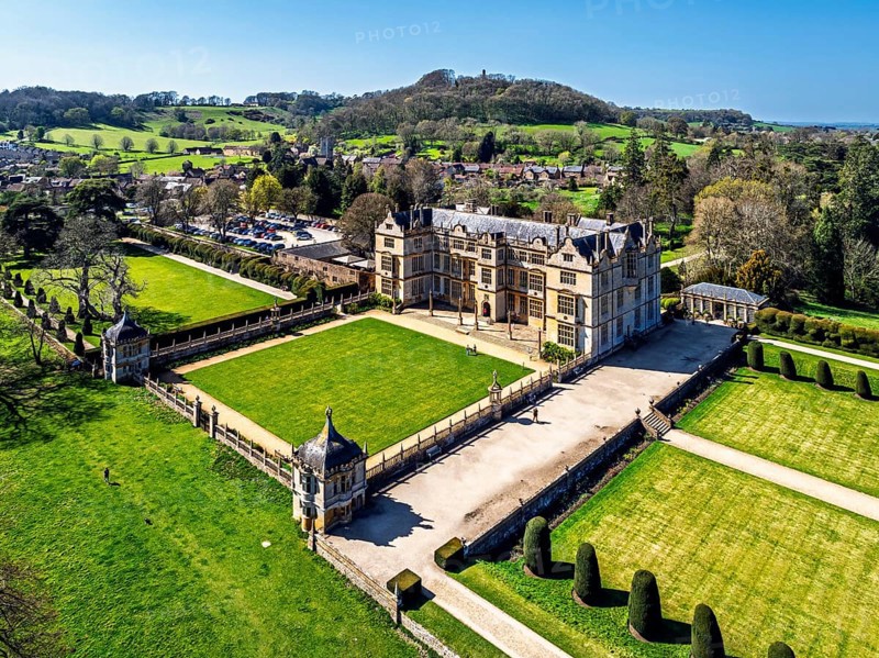 Montacute House and Garden from a drone, Montacute, Somerset, England, United Kingdom, Europe