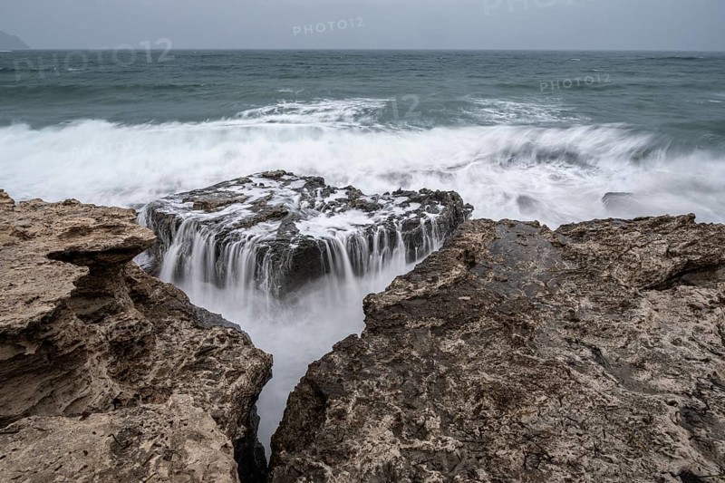 Waves on rocky coast, Playa Los Escullos, Cabo de Gata, Los Escullos, Playa del Arco, El Arco beach, Cabo de Gata-Nijar Natural Park, Almeria, Andalusia, Spain, Europe