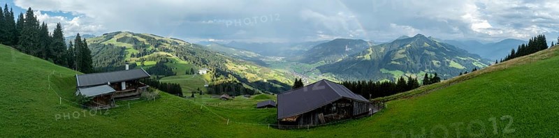 Alpine panorama in summer, rainbow, alpine hut, view over the Brixen valley, Hochbrixen, Brixen im Thale, Kitzbühel Alps, Tyrol, Austria, Europe