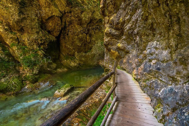 Scenic wooden walkway along radovna river in vintgar gorge near bled, a breathtaking natural wonder in slovenia