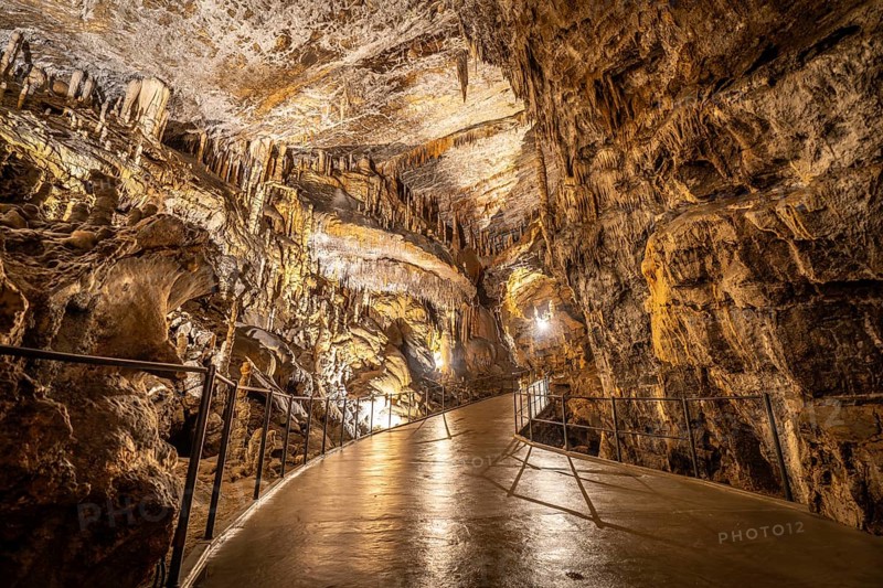 Tourists exploring the illuminated pathway within the breathtaking postojna cave, marveling at the stunning stalactites and stalagmites
