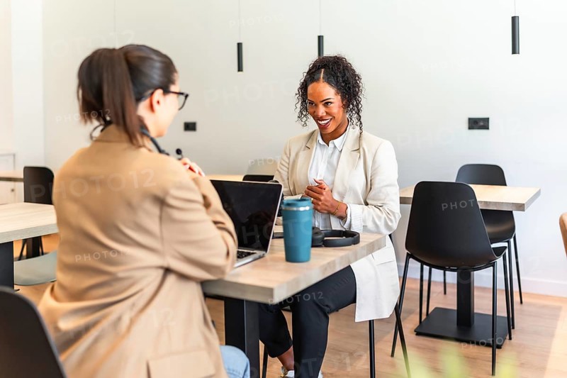 Two businesswomen are working together on a project in a modern office space, using a laptop and discussing ideas