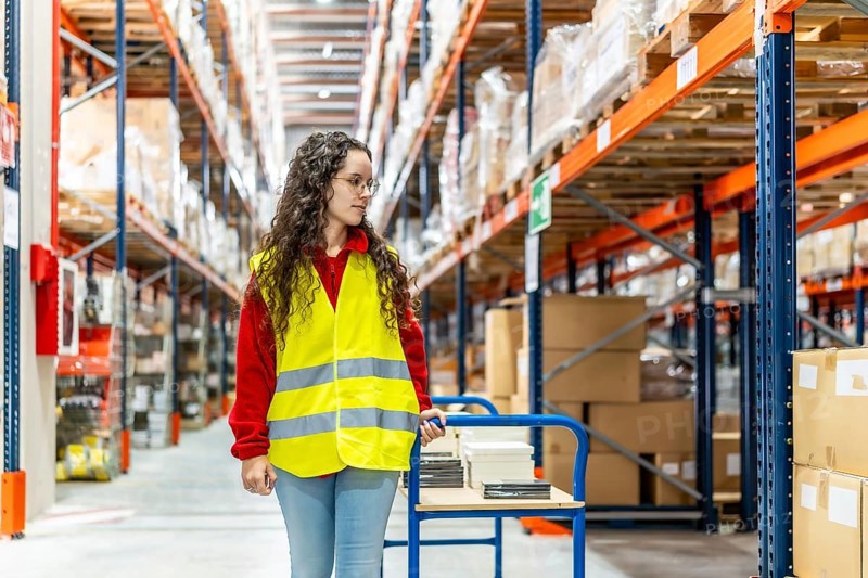 Woman worker in safety clothes walking pushing boxes in a cart at warehouse