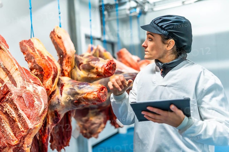 Butcher using technology in a innovative meat processing factory checking the meat using digital tablet