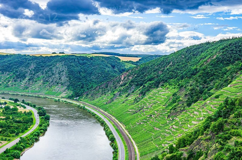 View over the Moselle and the Moselle valley near Winningen, Rhineland-Palatinate, Germany, Europe