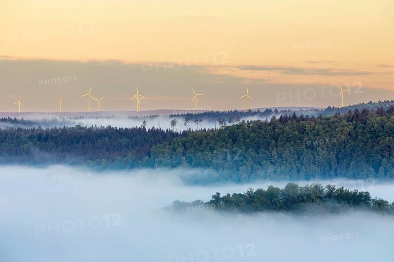 Wind turbines in the morning light, fog, Danube valley, mixed forest, Bandfelsen, Leibertingen, Upper Danube nature park Park, Baden-Württemberg, Germany, Europe