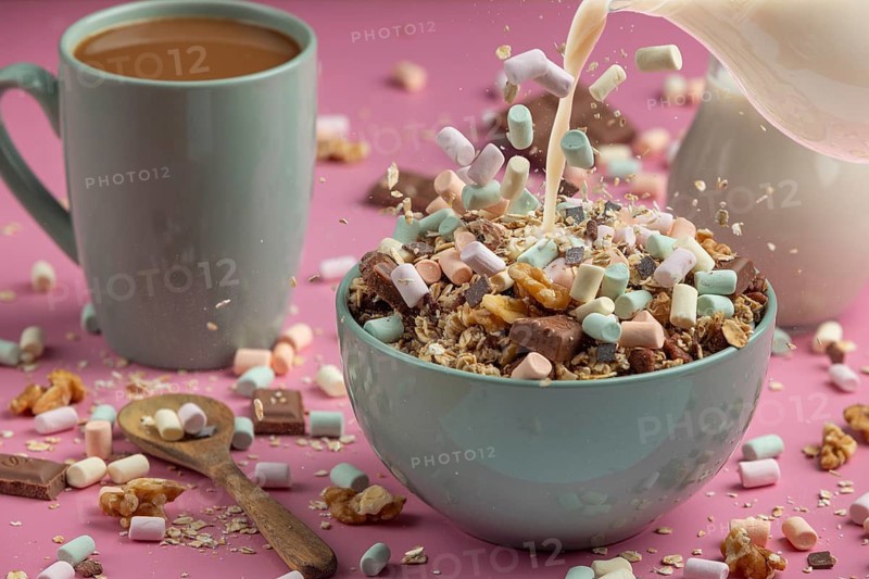 Breakfast, milk is poured into a bowl with muesli and colourful marshmallows, coffee next to it against a pink background