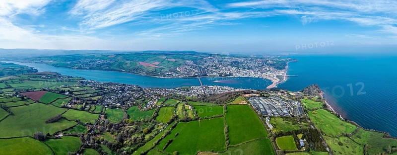 Panorama of Coast View Holiday Park, Farms and Fields over River Teign from a drone, Teignmouth, Shaldon, Devon, England, United Kingdom, Europe