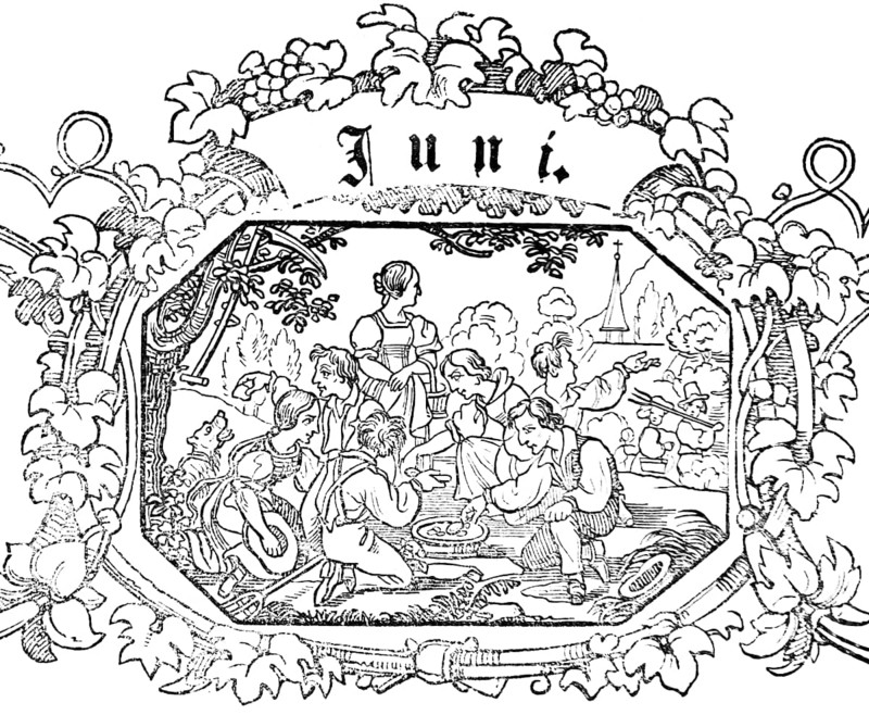 Month of June, men and woman taking a break from working in the fields and eating, village, church, grapevine ornamentation, woodcut illustration, Swiss calendar for 1848