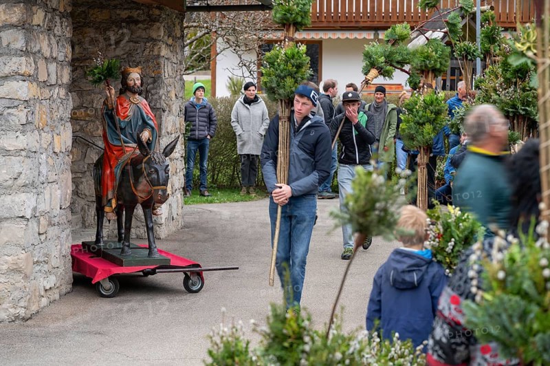 Palm donkeys and palm brooms tied by the villagers, custom for the palm donkey procession in Bad Oberdorf, Oberallgäu, Bavaria, Germany, Europe