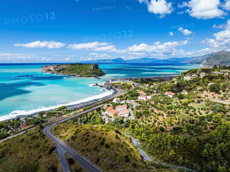 Praia a Mare from a drone, Tyrrhenian Sea, Cosenza, Calabria, Italy, Europe
