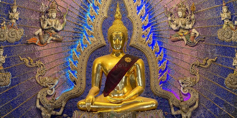 Golden Buddha statue with tunic, Bhumispara-mudra, Buddha Gautama at the moment of enlightenment, art gallery with modern art trends such as minimalism and abstraction, Wat Pariwat, Yan Nawa district, Bangkok, Thailand, Asia