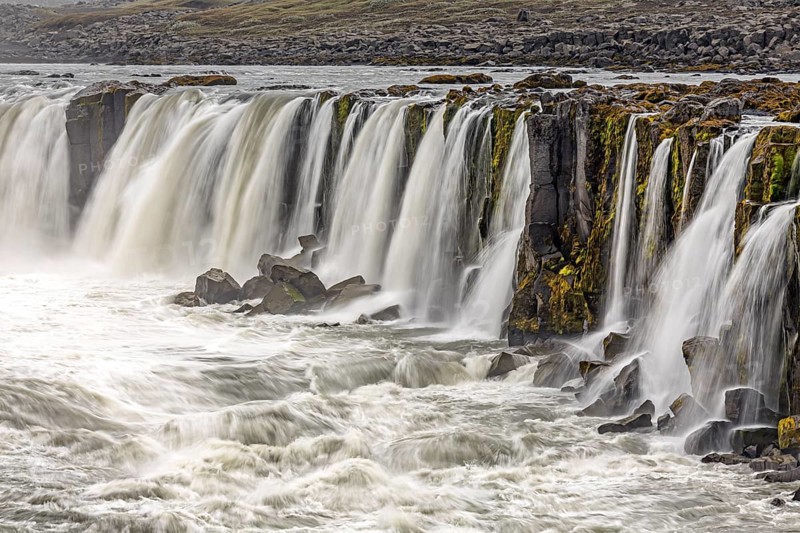 Waterfall at a river, cascades, spray, rapids, summer, foggy, Selfoss, North Iceland, Iceland, Europe