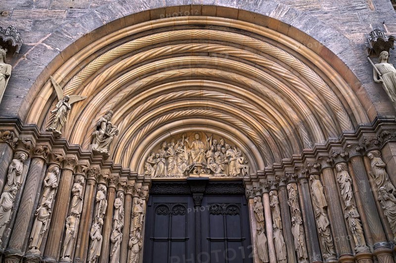 Depiction of the Last Judgement in the tympanum, princely portal, main portal, Bamberg Cathedral of St Peter and St George, Bamberg, Upper Franconia, Bavaria, Germany, Europe