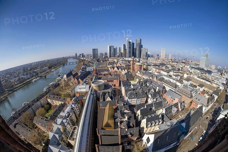 The view from St. Bartholomew's Cathedral takes in Frankfurt city centre and the banking skyline, Frankfurt am Main, Hesse, Germany, Europe