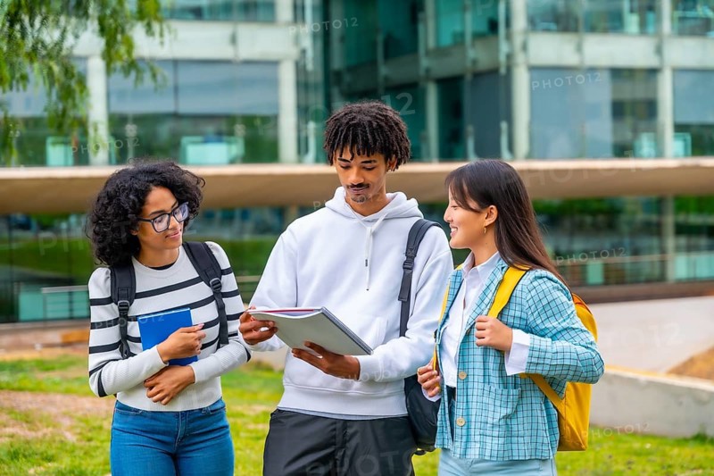 Multi-ethnic students reading notes before an exam in the university standing outside the campus