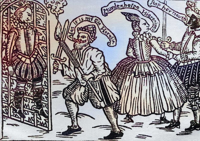 From the book The Spanish Tragedy, a theatre play by Thomas Kyd, 1898. Reproduction of the title page of the 1615 edition, Historical, digitally restored reproduction from a 19th century original, Record date not stated