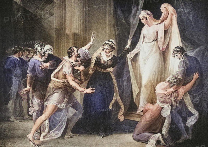 The Winter's Tale. Act V. Scene III: A chapel in Paulina's house. Leontes, Polixenes, Florizel, Perdita, Camillo, Paulina, masters and servants. Hermione as a statue. From the Boydell Shakespeare Gallery, published at the end of the 19th century, Historical, digitally restored reproduction from a 19th century original, Record date not stated