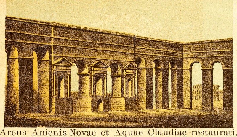 Arcus Anienis Novae and Aquae Claduae restaurati, restored water conduit, the aqueducts Aqua Claudia and Anio Novus supplied the capital with water, including the city gate Porta Maggiore, title, ancient Rome, Italy, coloured historical illustration from 1882, Europe
