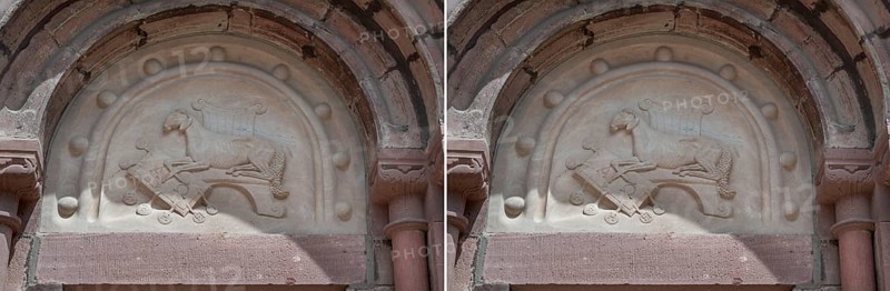 Romanesque reliefs of a sheep above the left and right entrance portals of Villingen Minster of Our Lady, Villingen-Schwenningen, Baden-Württemberg, Germany, Europe