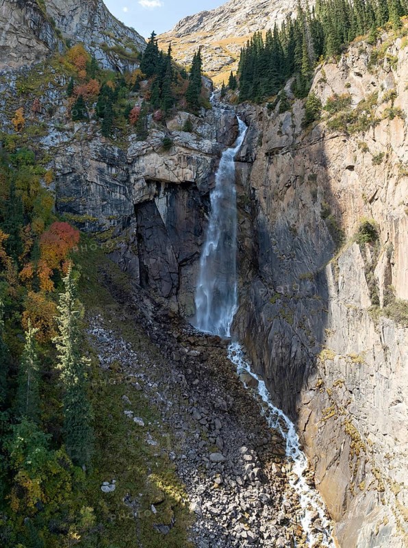 Aerial view, Barskon or Barskoon waterfall, mountain landscape with waterfall in a mountain valley, Jeti-Ögüz, Issyk-Kul region, Kyrgyzstan, Asia