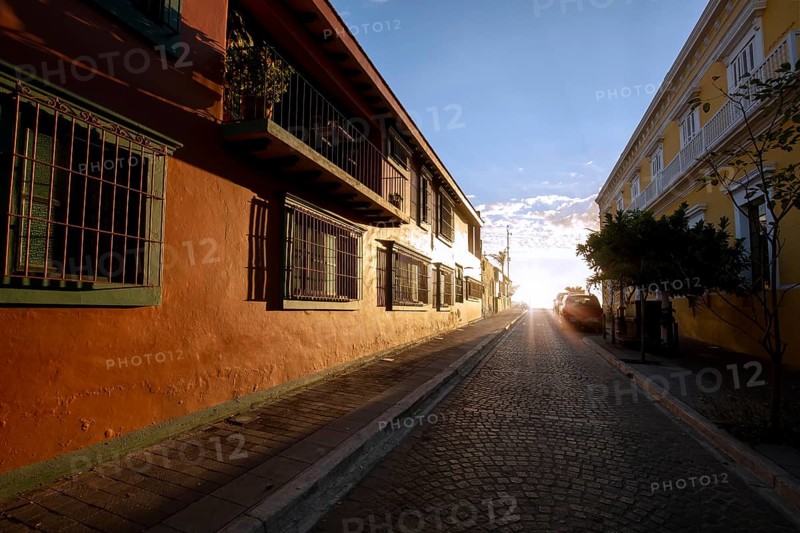 Mexico, Mazatlan, Colorful old city streets in historic city center near El Malecon and ocean shore, Central America