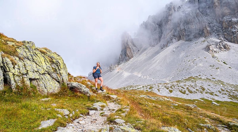 Hiker on the ascent to the Great Kinigat, Carnic Main Ridge, Carnic High Trail, Carnic Alps, Carinthia, Austria, Europe