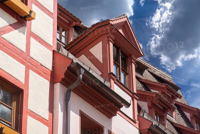 Historic roof bay window on a residential building, Weißgerbergasse, Nuremberg, Middle Franconia, Bavaria, Germany, Europe