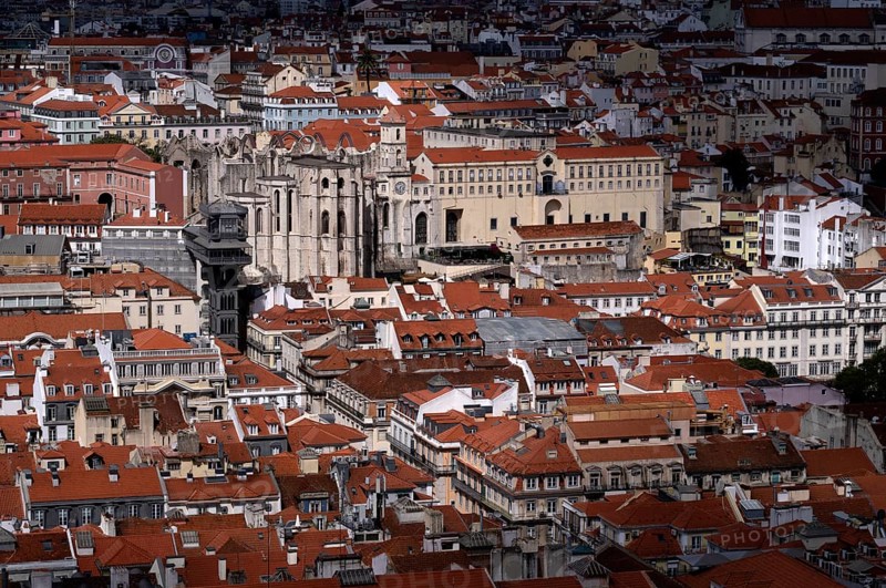 View from Castelo de São Jorge to old town, Elevador de Santa Justa lift, Museu Arqueológico do Carmo museum in church ruins, city view, Lisbon, Portugal, Europe