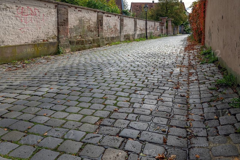Paved street at Kirchenberg, Ziegenstr., Nuremberg-Mögeldorf, Middle Franconia, Bavaria, Germany, Europe
