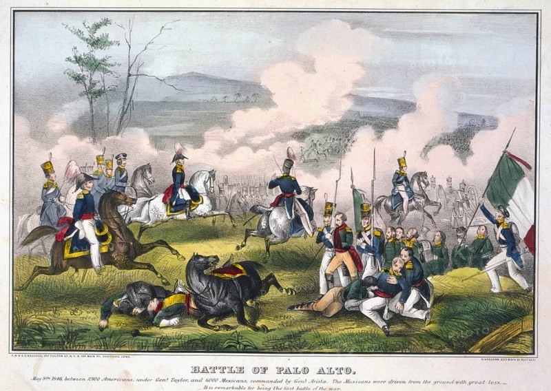 Mexican-American War 1846-1848: Battle of Palo Alto, 8 May 1846, near present-day Brownsville, Texas. US Army General Zachary Taylor defeated the Mexicans under Aria no Aristae. Hand-coloured copperplate engraving