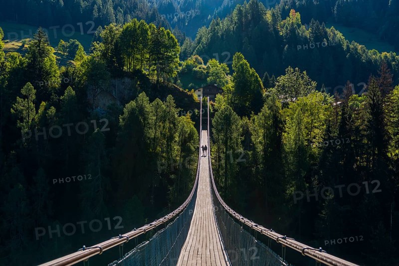 Suspension bridge in Ernen, hike, fear of heights, vertigo, courage, path, overcoming, therapy, evening light, Valais, Switzerland, Europe
