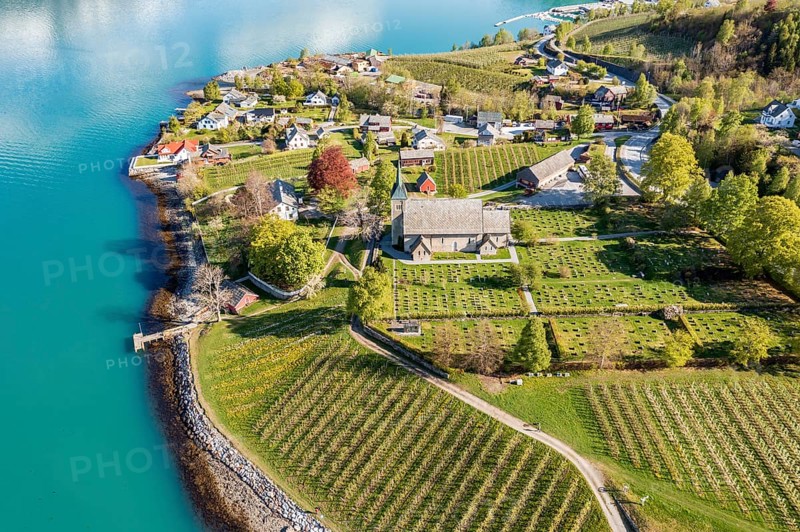 Aerial view of church and apple orchards, Ullensvang near Lofthus, Hardangerfjord, Norway, Europe