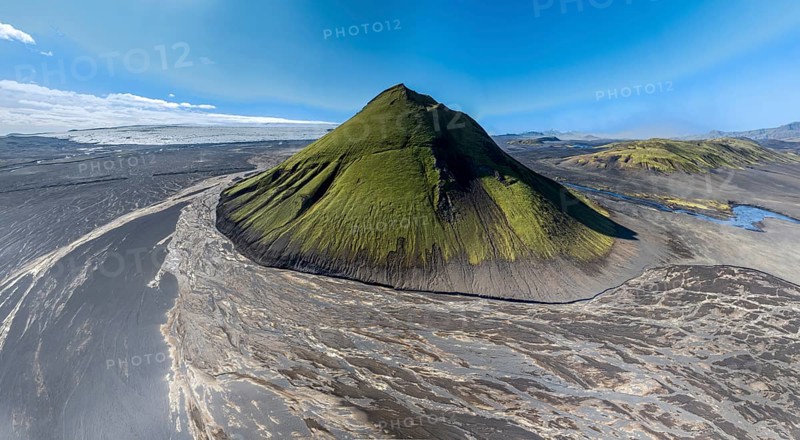 Aerial view, Mælifell mountain covered with moss, Maelifell, black sand desert Mælifellssandur, glacial streams, glacier Myrdalsjökull, Icelandic highlands, Iceland, Europe