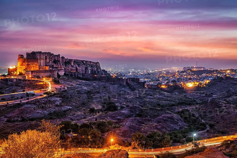 Famous indian tourist landmark Mehrangarh fort in twilight. Jodhpur, Rajasthan, India, Asia